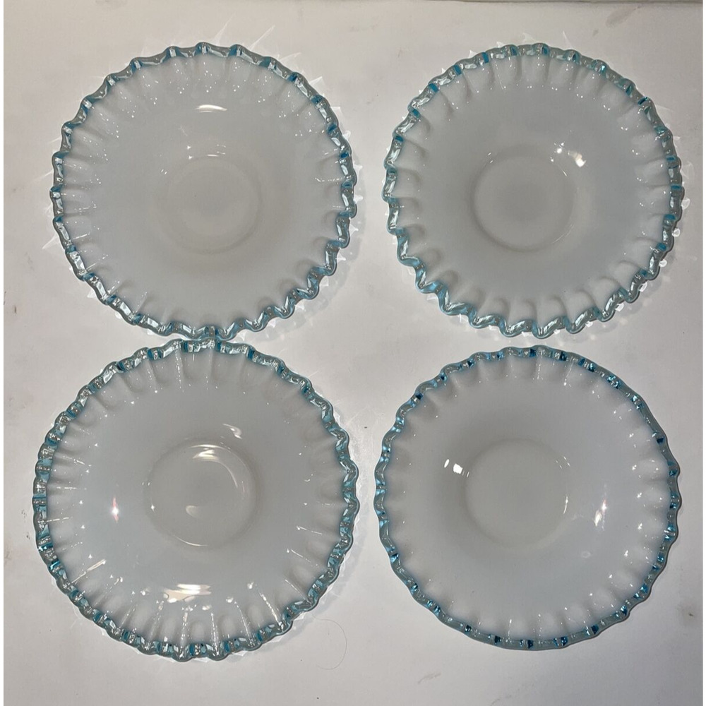 Set of 4 - Vintage Fenton Aqua Crest Milk Glass Saucers ~ 6 “ Pale Blue Ruffle